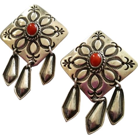Navajo Coral Sterling Dangle Post Earrings Pineapple Stampings from ...