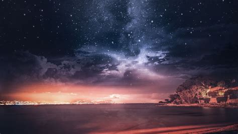 Download Wallpaper 3840x2160 Sea Sunset Starry Sky Horizon France