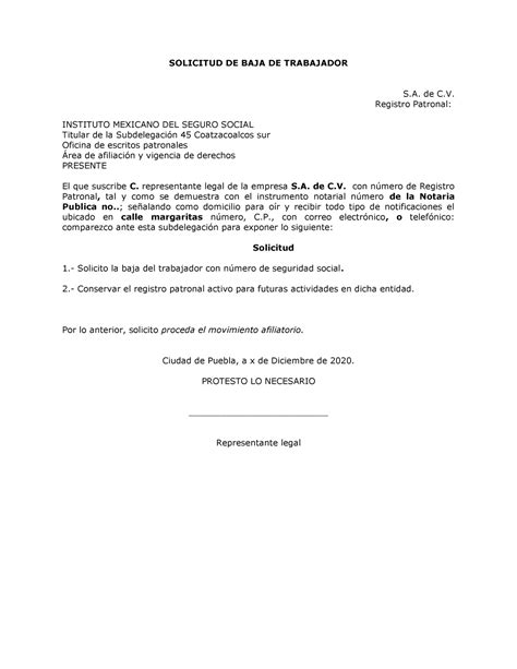 Aclaración administrativa imss SOLICITUD DE BAJA DE TRABAJADOR S de C Registro Patronal