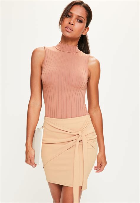 Lyst Missguided Petite Nude Jersey Crepe Tie Front Mini Skirt In Natural