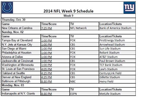 Nfl Schedule Week 9 Printerfriendly