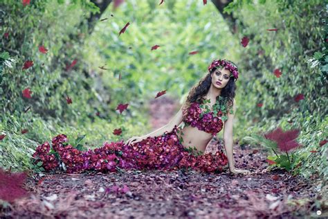 Wallpaper Forest Leaves Women Outdoors Model Flowers