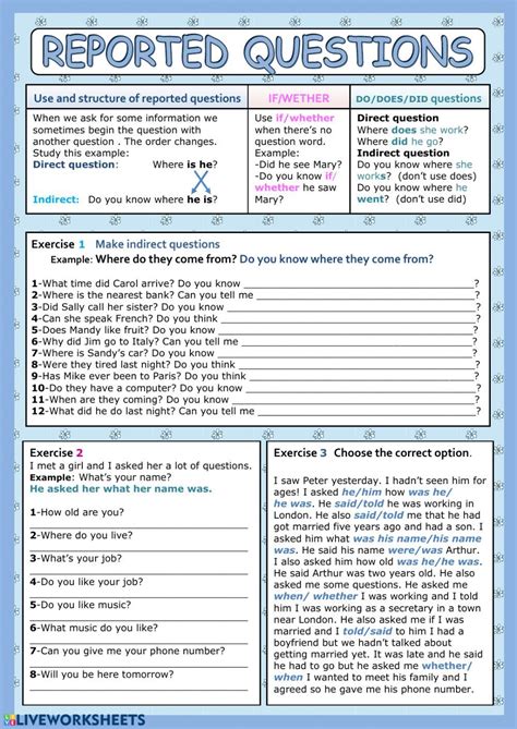 Reported Questions Interactive Worksheet Reported Speech Teaching