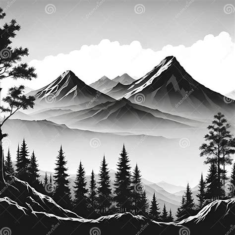 Black And White Mountains Vector Illustrationmountain With Pine Trees