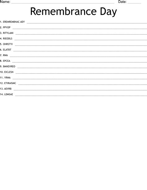 Remembrance Day Word Scramble Wordmint