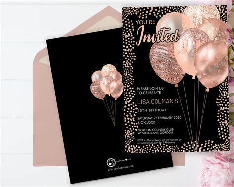 rose gold birthday balloons invitation printable template black gold glitter editable birthday