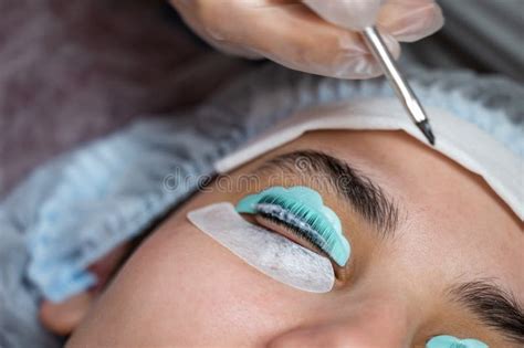 Close Up Portrait Of A Woman On Eyelash Lamination Procedure Stock