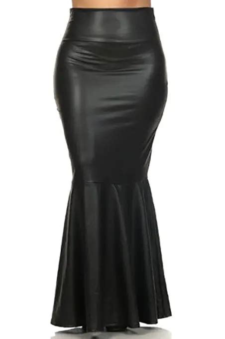 Plus Size Faux Leather Pleated High Waist Maxi Mermaid Skirt Black In