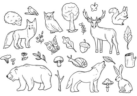Woodland Animals Forest Doodle Icons Sketch Hand Drawn Design Vector