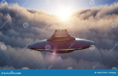 Ufo Alien Spaceship Is Flying In Sky Above Clouds At Sunset 3d