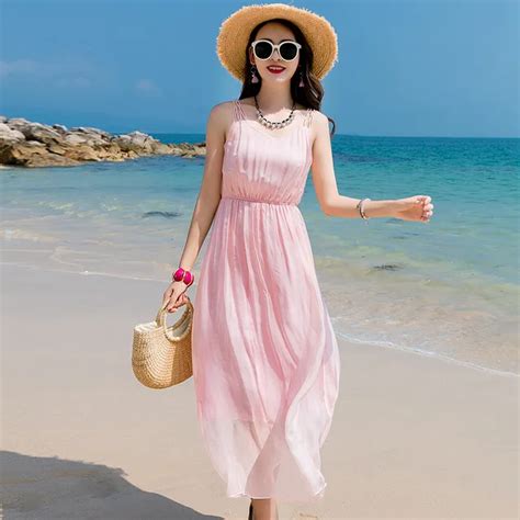 Tcyeek Pink Dress Women Beach Long Summer Dress Boho Party Dresses Real Silk Vestidos Casual