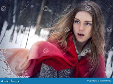 Portrait Of The Young Beautiful Girl With Red Scarf In The Winter Stock