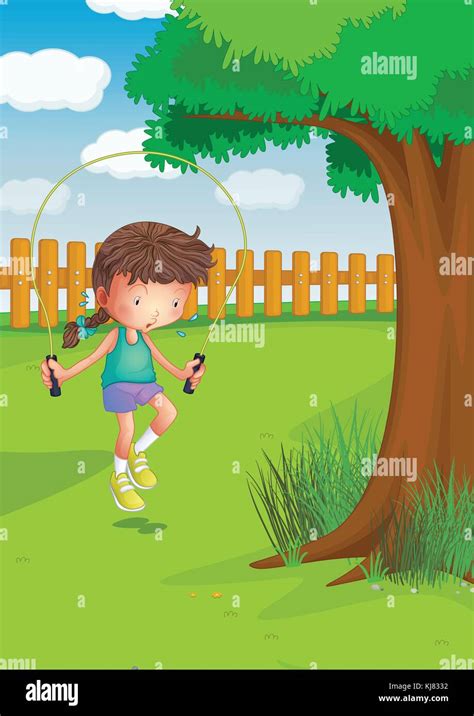 Ilustración De Una Niña Jugando Con Un Saltar La Cuerda En El Jardín