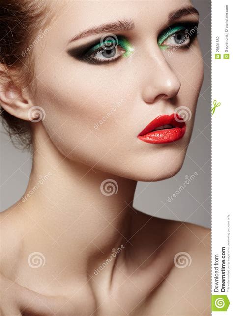 Beautiful Model Face With Fashion Make Up Red Lips Stock