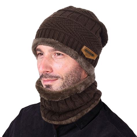 Vbiger Winter Beanie Hat Scarf Set Warm Knit Hat Thick Knit Skull Cap For Men Women Brown