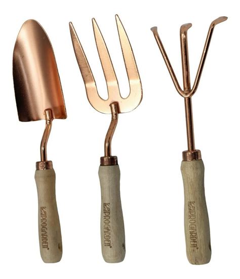 3 Piece Garden Hand Tool Set Small Shovel Fork And Rake Copper And Wood