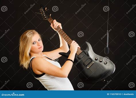 Woman Playing On Electric Guitar And Singing Stock Photo Image Of