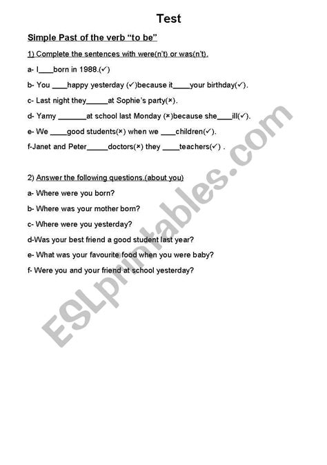 English Worksheets Was Were Test