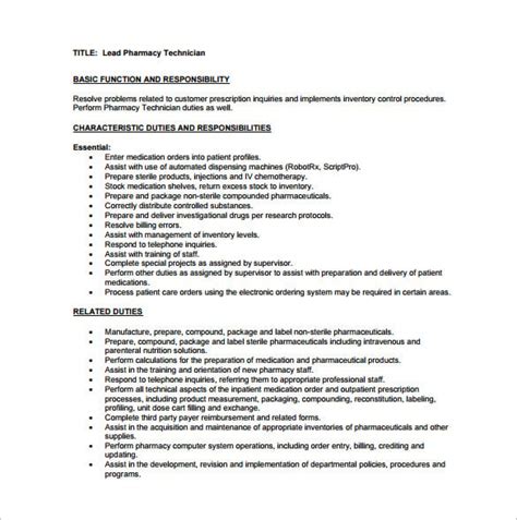 Pharmacy Technician Description Resume