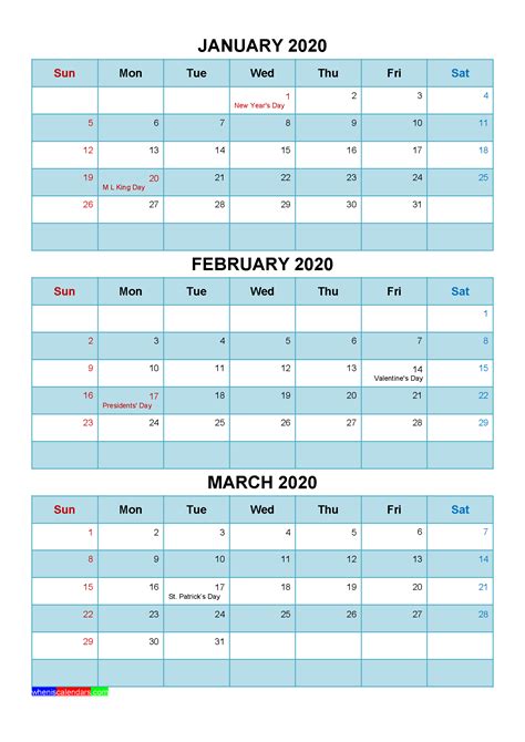 Printable January February March 2020 Calendar Template Word Pdf