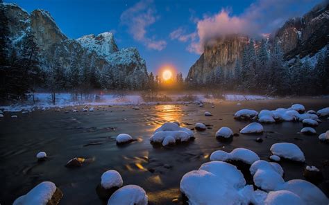Nature Landscape Mountain Snow Winter Clouds Trees Water Rock