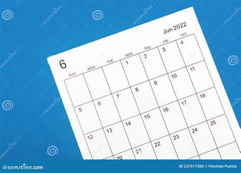 June 2022 Calendar Sheet On Blue Background Stock Photo Image Of