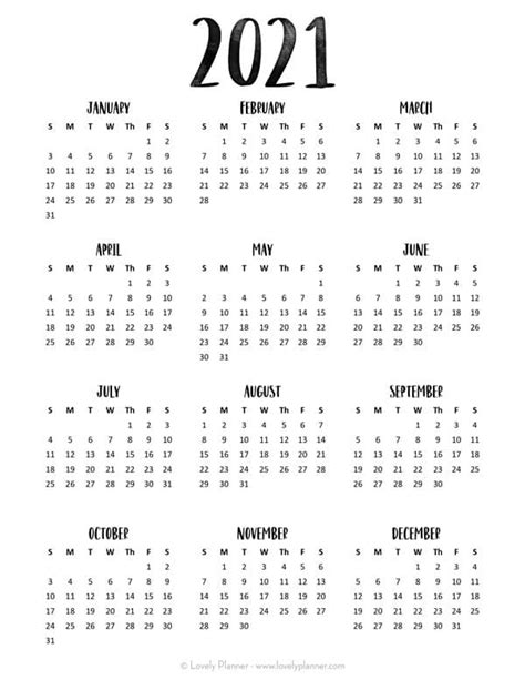 2021 Free Printable Yearly Calendar 6 Templates