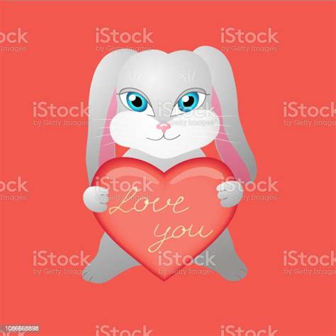Кролик В Любви Держит Сердце С Надписью — стоковая векторная графика и