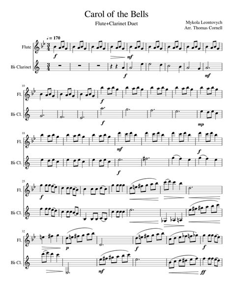 Carol Of The Bells Sheet Music For Flute Clarinet In B Flat