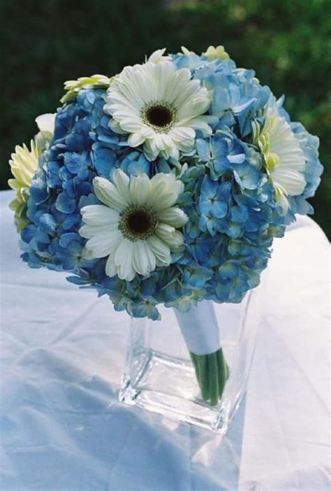 Blue Hydrangeas And White Gerbera Daisiesheavenly Bridal