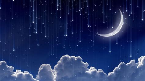 Digital Art Blue Background Clouds Stars Sky Moon Glowing