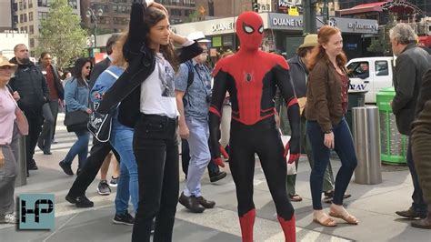 tom holland and zendaya filming stunt scene for spider man far from home in nyc youtube