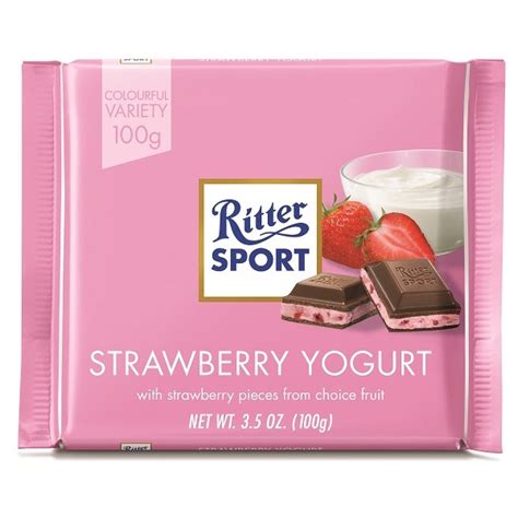 By picking one of its 16 pieces, you will reap some of the finest milk chocolate with a deliciously soft filling of 42% strawberry yogurt cream combined with crunchy rice crisps. Ritter Sport Strawberry Yogurt 100g - Kaimay Confectionery ...