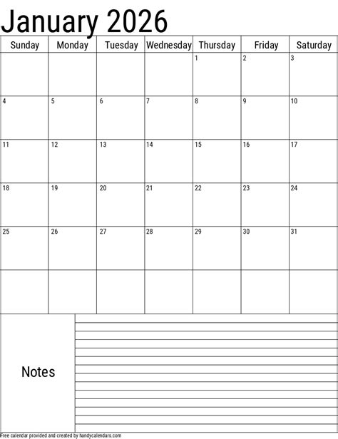 January 2026 Vertical Calendar With Notes Handy Calendars