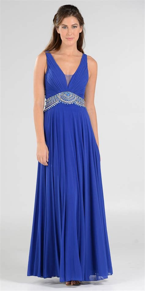 Poly Usa 7400 Flowy Chiffon Prom Gown Royal Blue V Neckline Empire