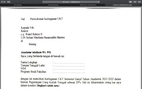 Surat Permohonan Keringanan Ukt Uin Sultan Maulana Hasanuddin Banten