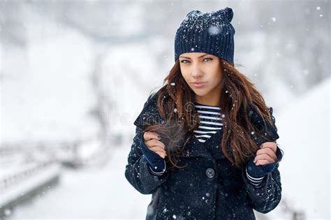 beautiful woman in snowy winter park close up portrait stock image image of model girl