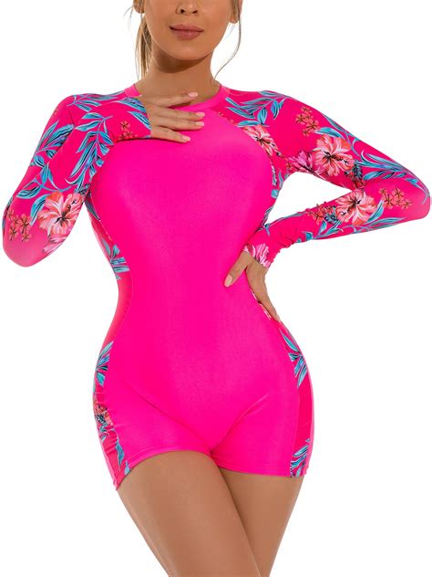 Sexy Dance Ladies Bathing Suit Bright Pink Long Sleeve Crew Neck Surfing Swimsuit Tummy Control