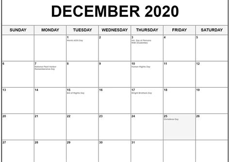 December 2020 Calendar Us Holidays