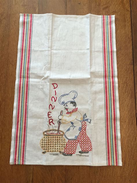 Red White Tea Towel Vintage 1950s Dinner Hand Embroidered Woven