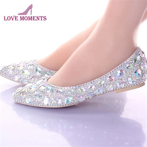 Flat Heels Pointed Toe Ab Crystal Wedding Shoes Silver Dancing Flats