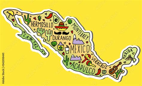 Colored Sticker Of Hand Drawn Doodle Mexico Map Mexican City Names