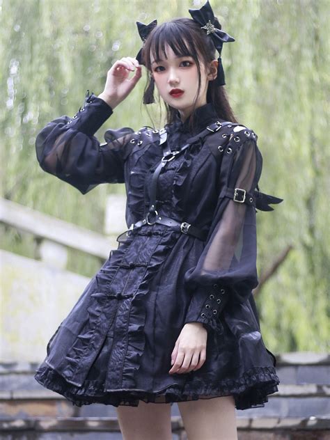 Chinese Style Lolita Op Dress Black Long Sleeve Ruffles Polyester