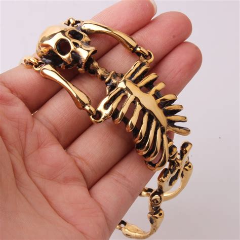 826 Skull Bracelet Big Skeleton Bones Statement Punk Jewelry Gold