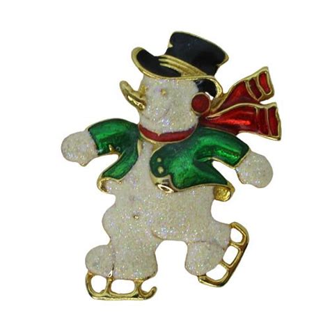 Sfj Ice Skating Snowman Enamel Glitter Vintage Christmas Brooch Pin