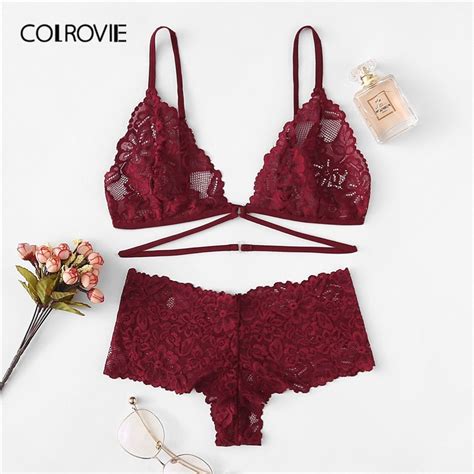 Colrovie Burgundy Floral Lace Sexy Lingerie Set 2019 New Fashion Women