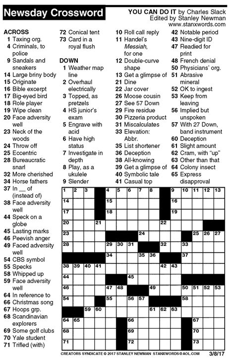 Try solving our daily crossword puzzles. Newsday Crossword Puzzle for Mar 08, 2017, by Stanley ...