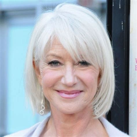 Razored bob with thick long side bangs. Helen bob | Hair styles for women over 50, Hair over 60 ...