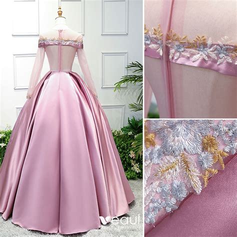 Elegant Candy Pink Prom Dresses 2019 Ball Gown Scoop Neck Lace Flower