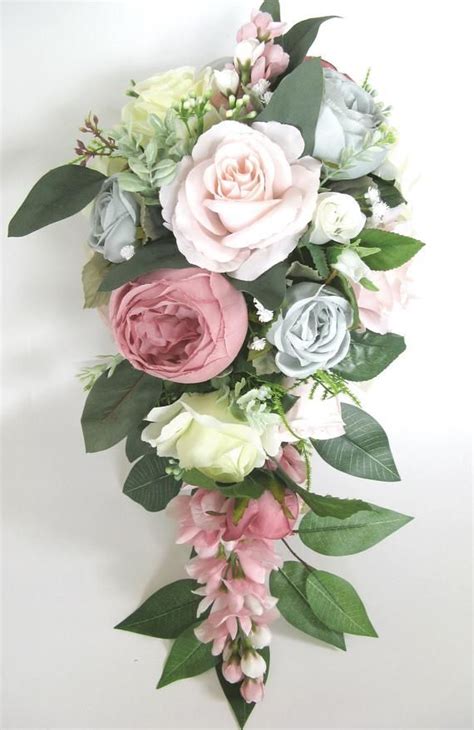 This is a beautiful bouquet made with the most realistic flowers available. Wedding Bouquets 17 piece Cascade set Bridal Bouquet BLUE ...